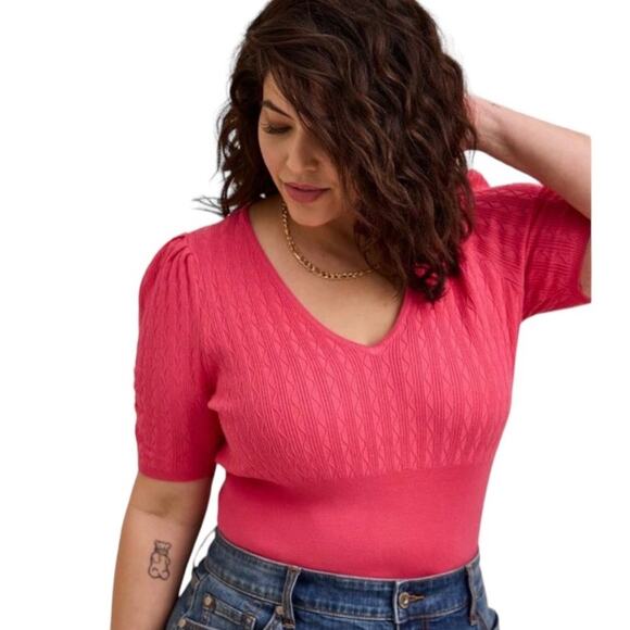 Torrid Pink Cable Knit V-Neck Ruched Short Sleeve Top - Picture 1 of 10